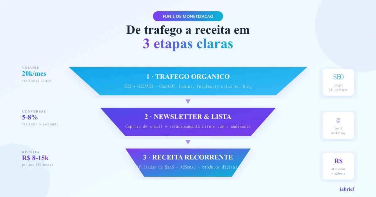 Funil de monetização de blog de IA,  tráfego, email, afiliados e AdSense