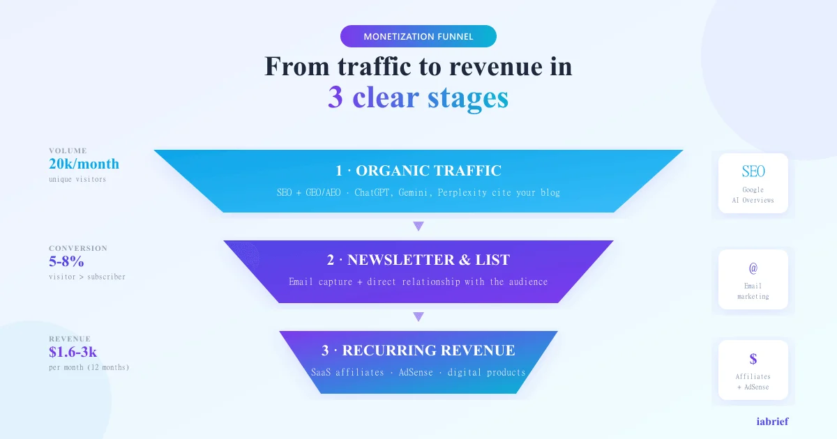 AI blog monetization funnel — traffic, email, affiliates and AdSense