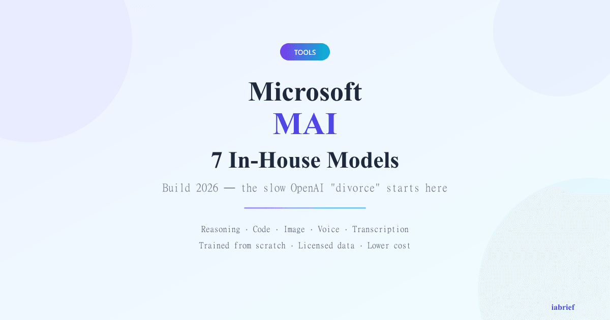 Microsoft MAI family graphic showing the 7 in-house models announced at Build 2026, covering reasoning, code, image, voice, and transcription.